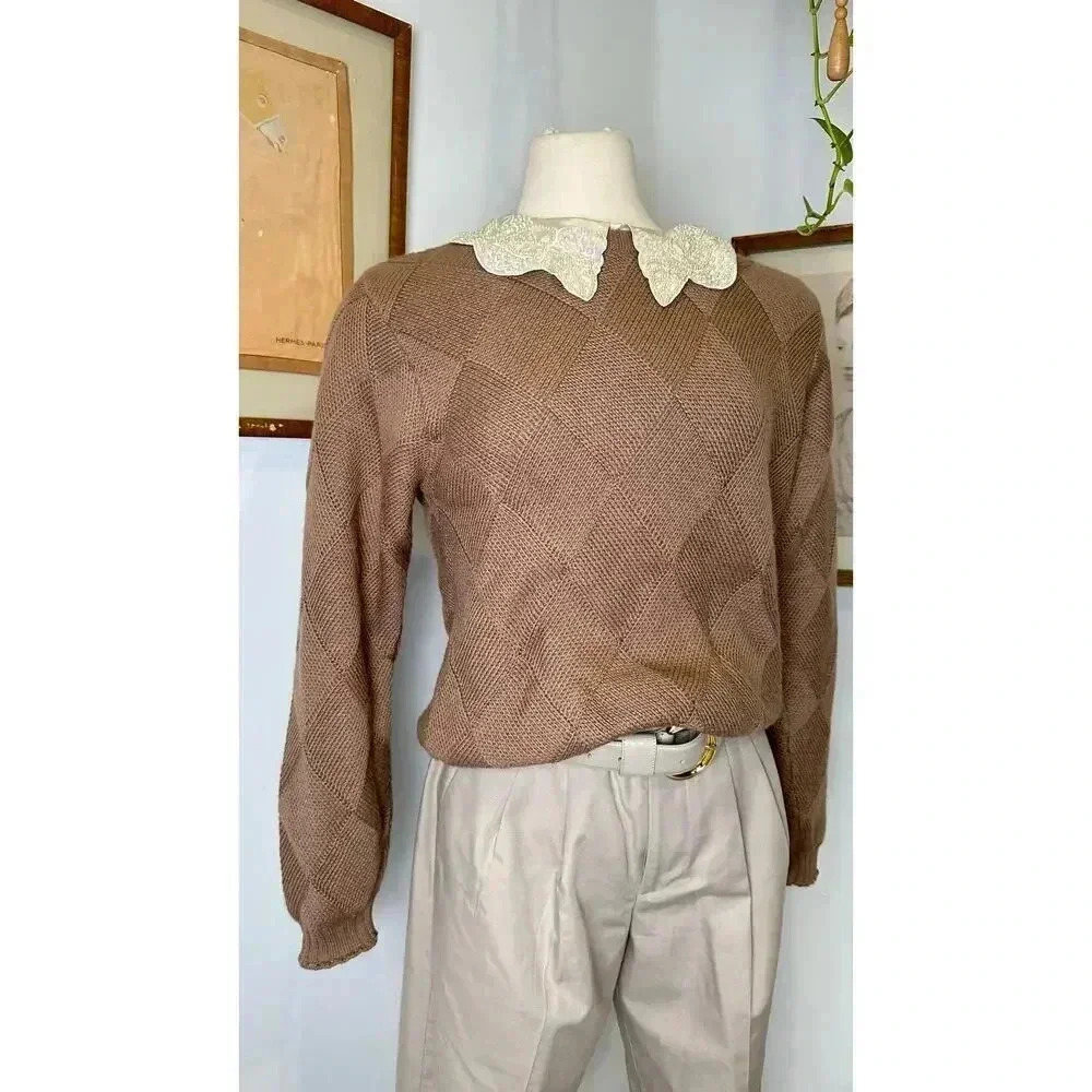 Vintage Baby Alpaca Knit Sweater Textured Diamond Pattern Beige Pullover Size S